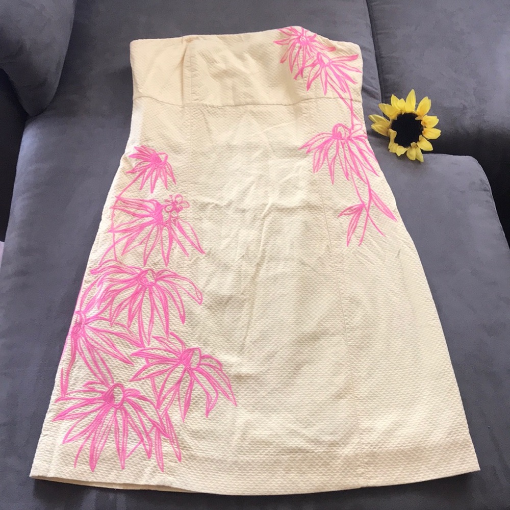 Lilly Pulitzer light yellow  Strapless Midi Dress with Pink Floral Design